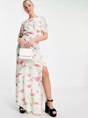 Floral Side-Slit Maxi Dress in White and Pink
